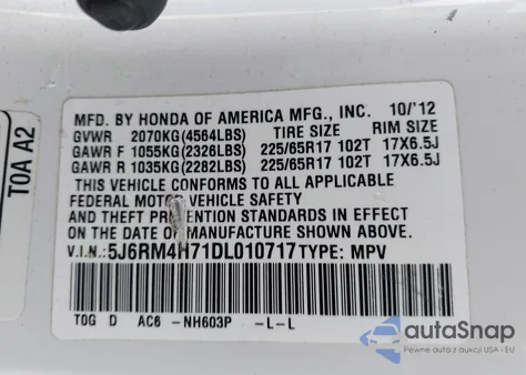 2013 Honda Cr-V Ex-L from USA, damaged, VIN 5J6RM4H71DL010717